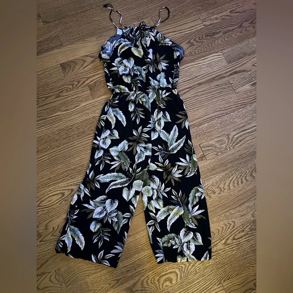 Oasis Jumpsuit Women Palm Print Black‎ Floral Wide Leg Vacay Preppy Halter Top